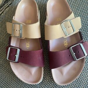 Birkenstock womans wine and beige
